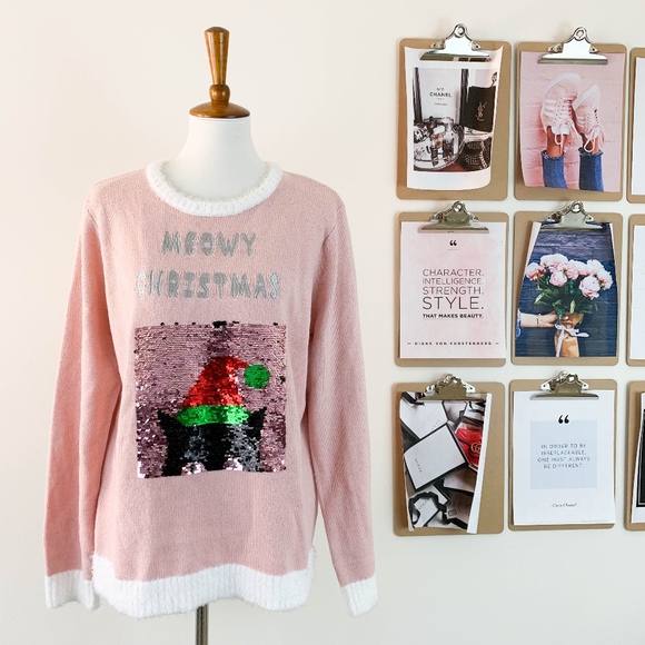 Meowy Christmas Crewneck Sweater Large Sequin Cat - Picture 2 of 6